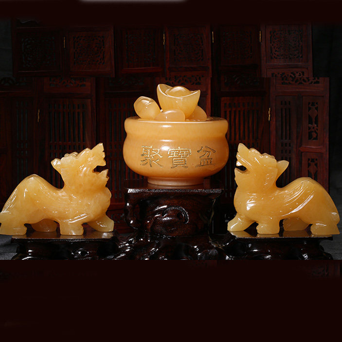 宫妃财运貔貅摆件貔貅元宝聚财阵家居摆设米黄玉聚宝盆元宝摆件