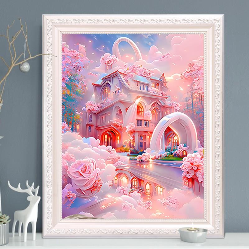 唯美粉色玫瑰城堡风景钻石画2024新款小幅贴钻十字绣客厅卧室满钻