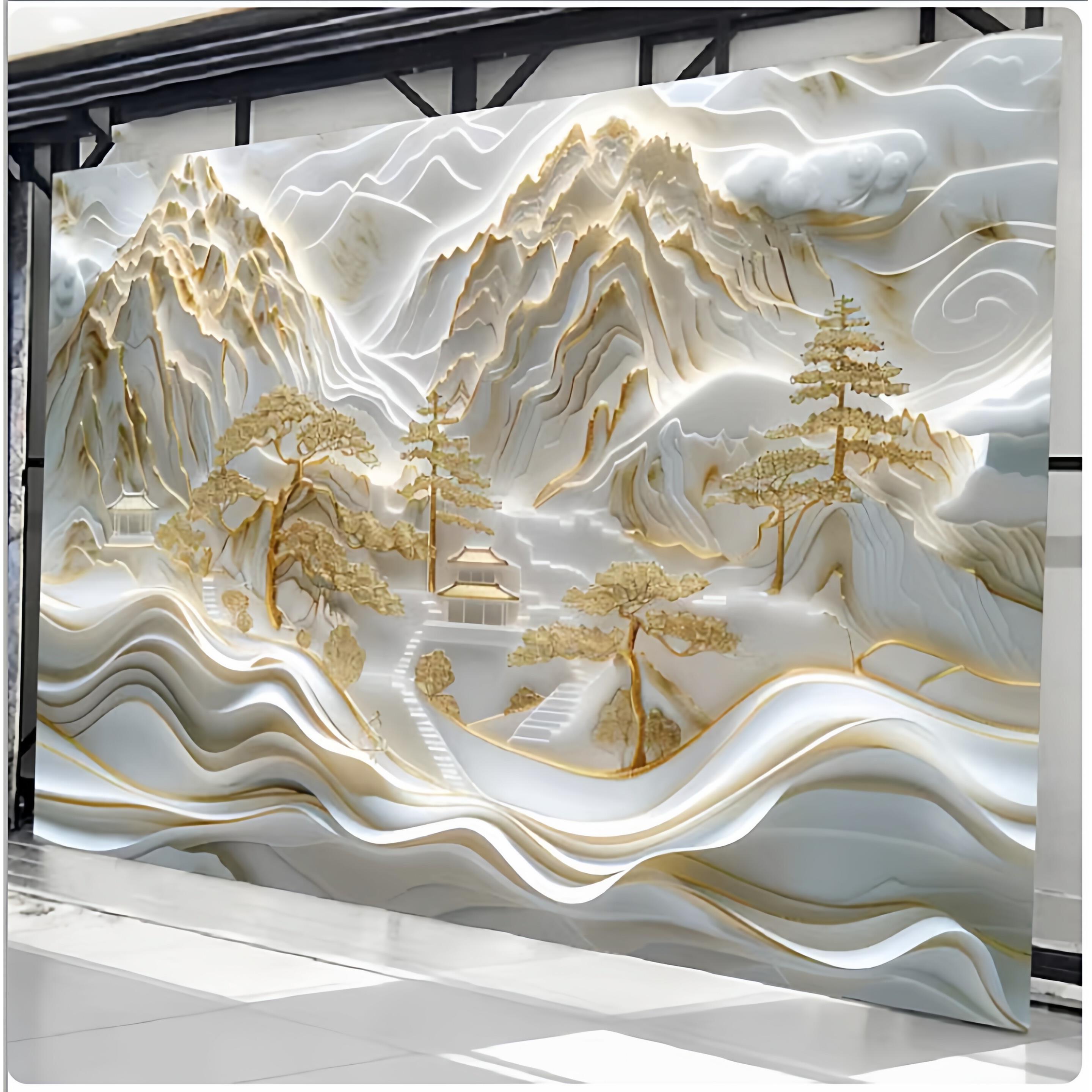 电视背景墙碳晶板浮雕楼阁卧接待室客厅护墙板新款中式山水画扣板