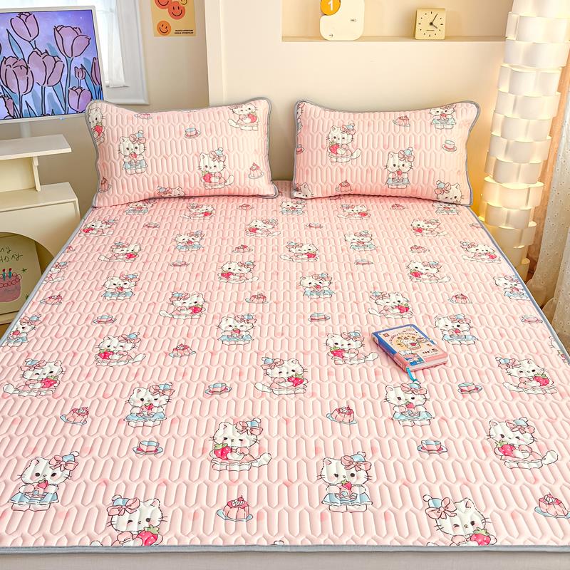 晚安猫少女心乳胶凉席三件套夏天冰丝席可机洗宿舍床单人软席子