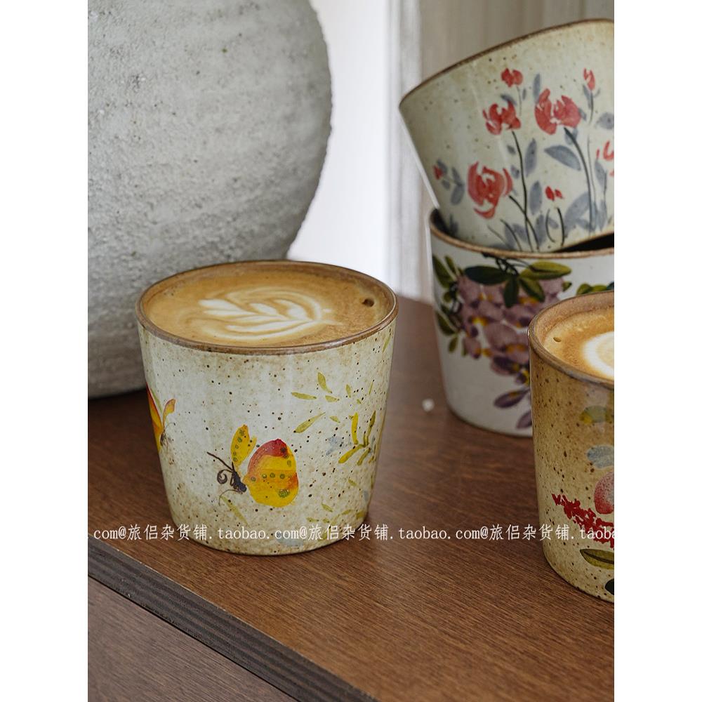 景德镇手绘紫藤花蝴蝶陶瓷猪口杯咖啡拉花杯茶杯手握杯主人杯