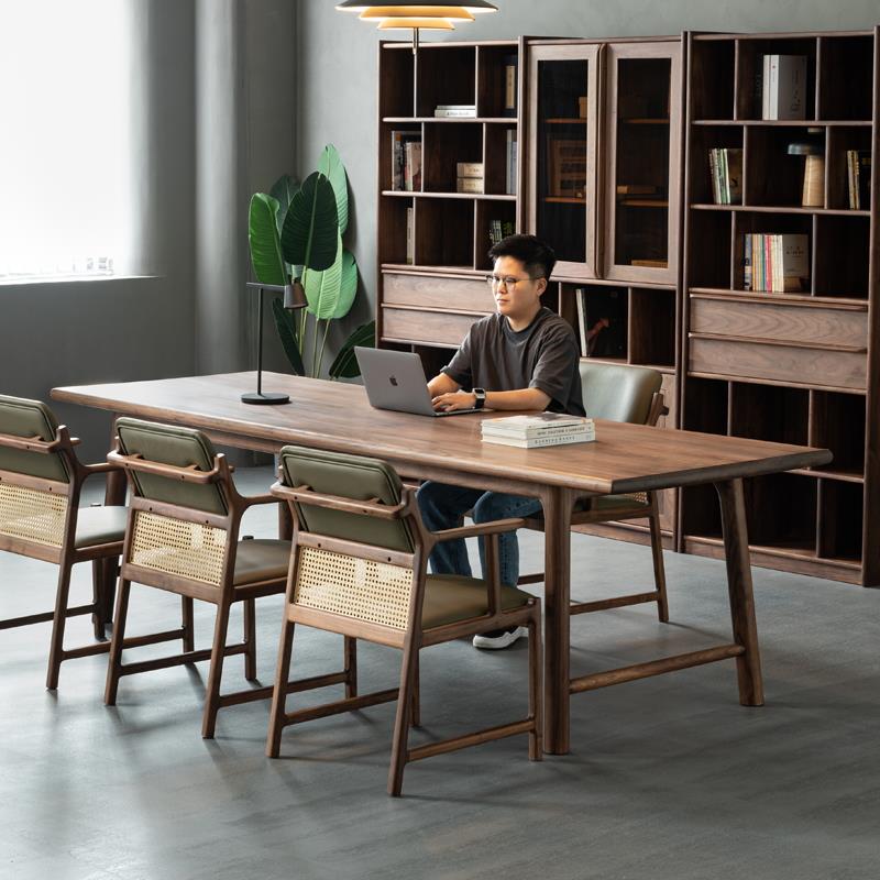 新中式黑胡桃木实木茶桌听园泡茶台书桌禅意简约茶室大餐桌两用桌