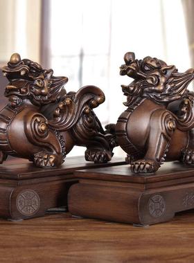 实木雕招财貔貅摆件手工艺品皮休中式风水装饰纯手工招财镇宅 花