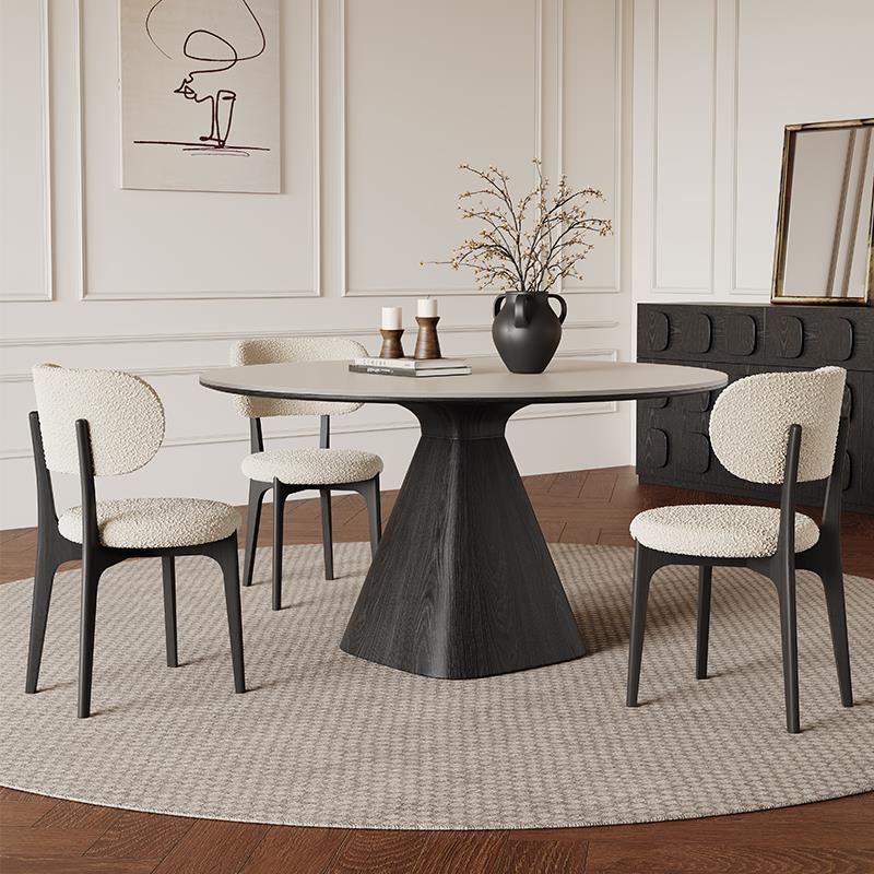 法式复古实木圆桌黑色白蜡木客厅饭桌家用现代简约纯白岩板餐桌椅