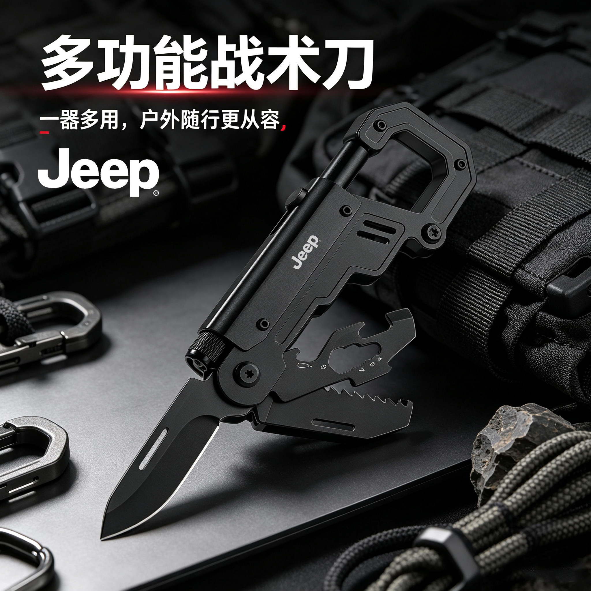 JEEP户外多功能登山扣折叠小刀具