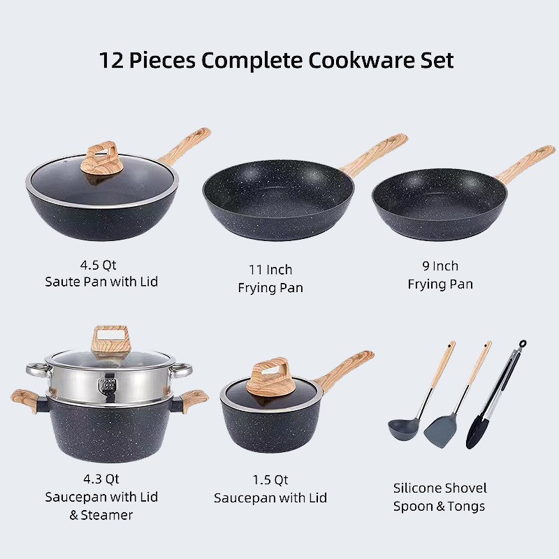 热采麦饭石不粘锅礼品平底锅 炉灶通用 铝合金锅具套装