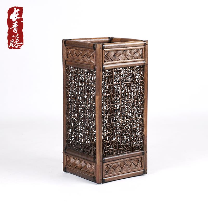 长青藤中式门厅雨伞架方形收纳桶收纳架 酒店大堂藤编伞架置物架