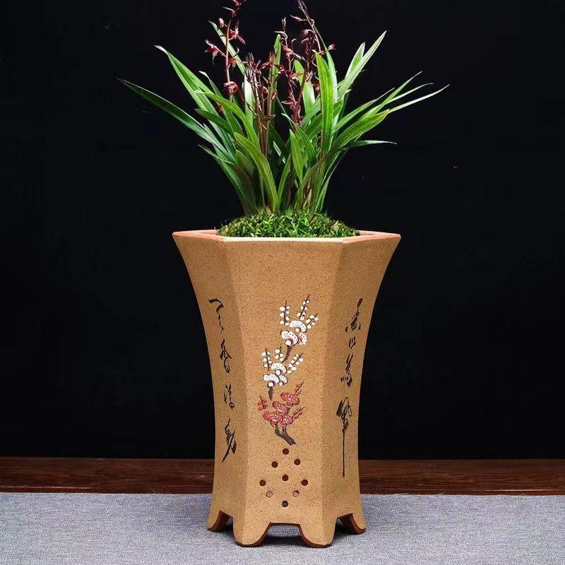 宜兴紫砂花盆束腰六方兰花盆景盆栽金弹子多肉盆全手工精品绿植盆