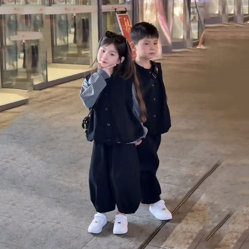 儿童春秋季时尚百搭衣服男女童条纹长袖韩版卫衣裤马甲套装三件套