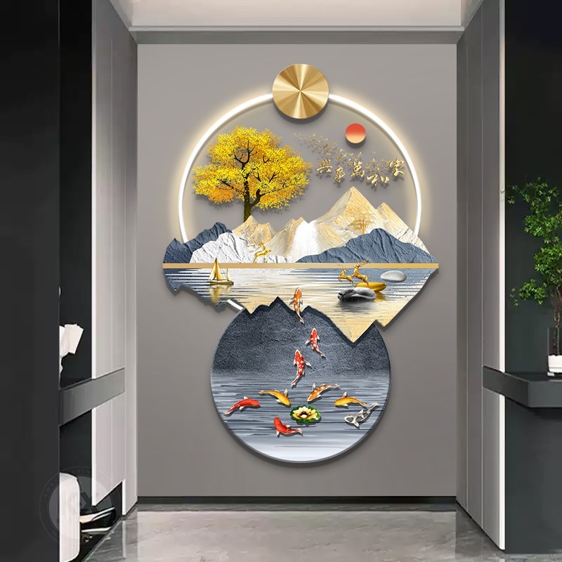 热销流水生财山水画玄关带灯装饰画入户门正对墙挂画客厅走廊过道