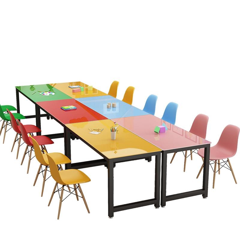 幼儿园美术桌儿童绘画桌学生培训班课桌椅画室手工桌防爆钢化玻璃