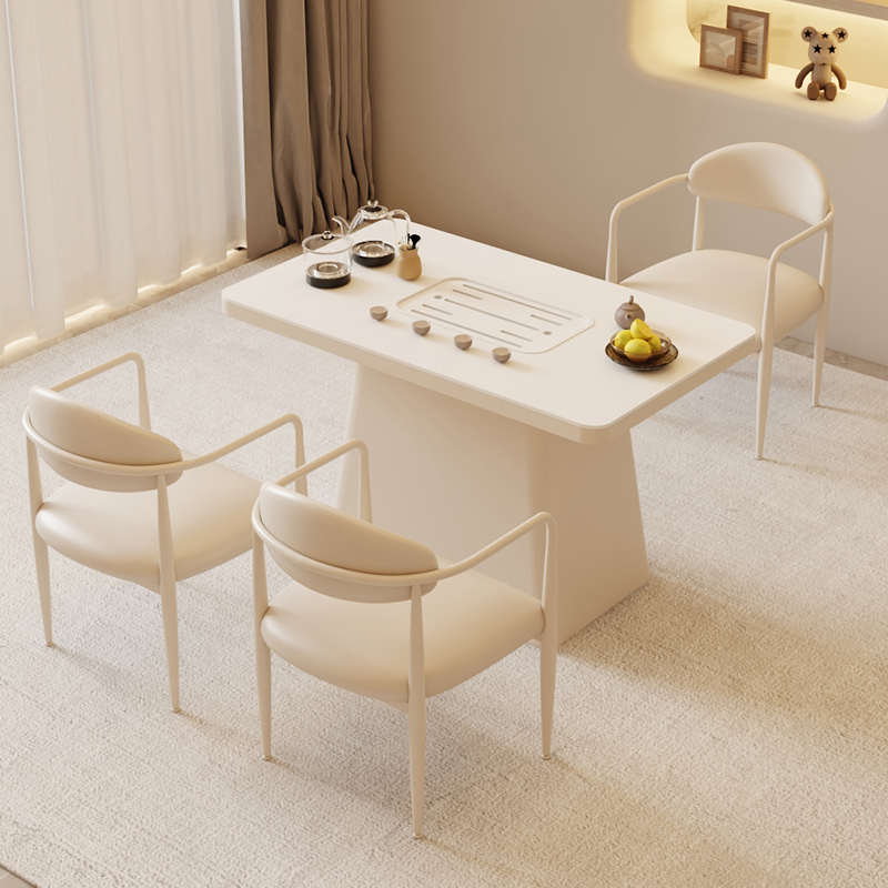 法式奶油风岩板茶桌椅组合小型茶几家用办公阳台烧水壶一体泡茶台