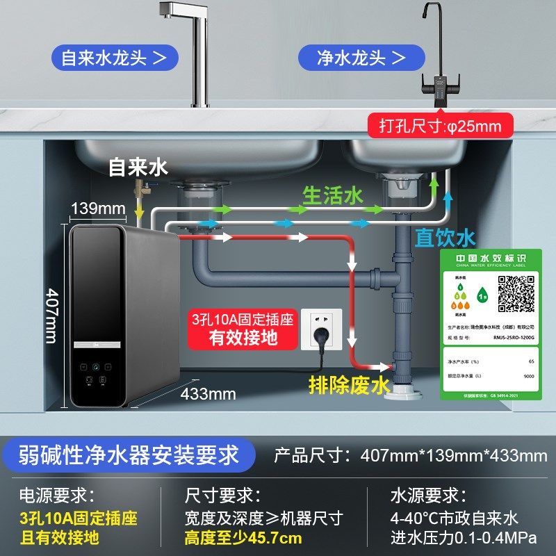 Rheem瑞美黑珍珠弱碱性水净水器1200G厨下家用直饮净水机RO反渗透