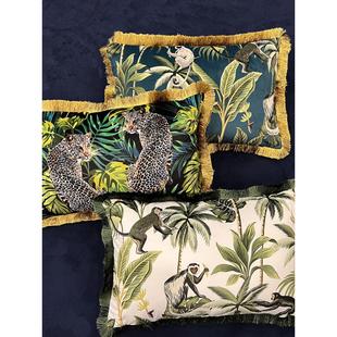 覆古热带植物狐狸猴子雪豹流苏单人沙发老虎椅子靠垫枕头腰枕软装