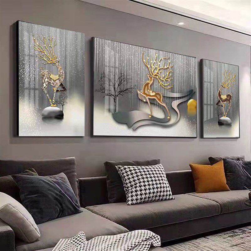 客厅装饰画钻石轻奢高级感三联大气鹿壁画3D立体沙发背景墙挂画