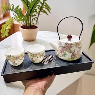 家用一壶两杯干泡盘茶杯提梁壶兔子泡茶壶 羊脂玉瓷功夫茶具套装