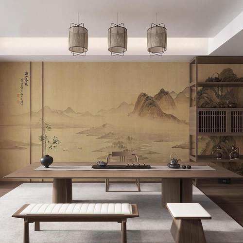 东方美学宋氏风格山水禅意壁布壁纸茶室背景民宿餐厅包厢定制壁画
