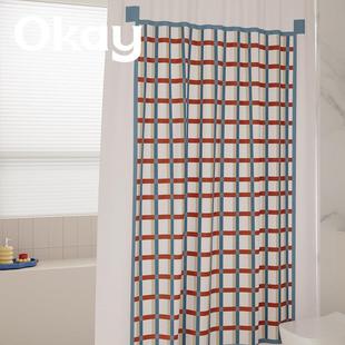 okay格子咖啡浴帘韩系防水卫生间隔断挂帘多巴胺淋浴间免打孔门帘