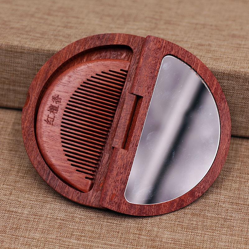 随身梳子镜子二合一新款木质半月形折叠小便携式女士桃木带套装镜
