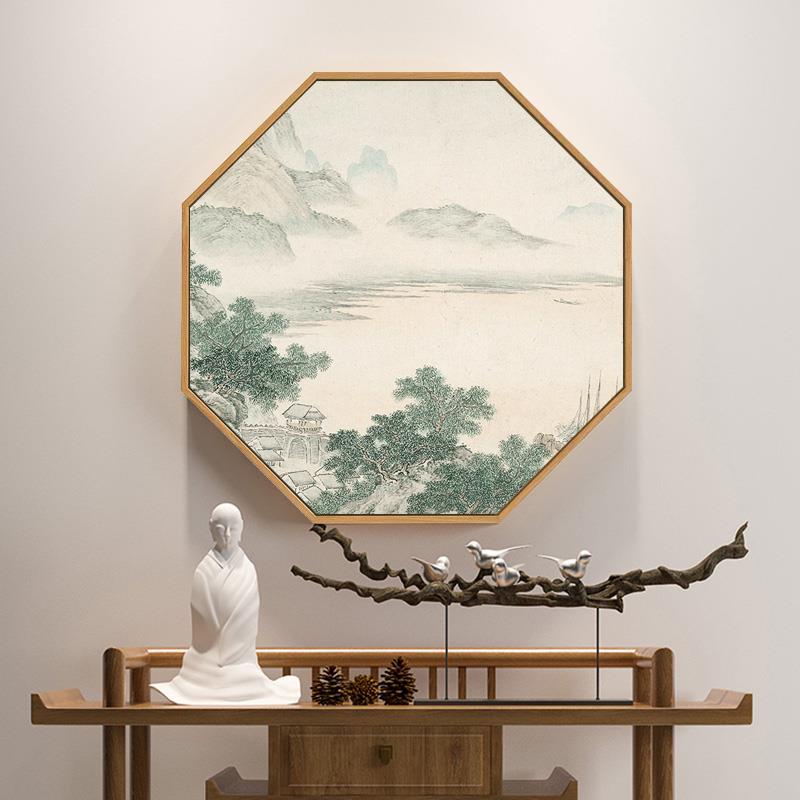 新中式玄关装饰画八边形入户茶室背景墙挂画禅意古风山水餐厅壁画