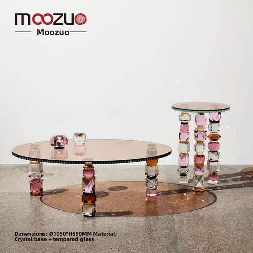 意大利轻豪华圆形钢化玻璃咖啡桌组合彩色水晶边桌设计师客厅家庭