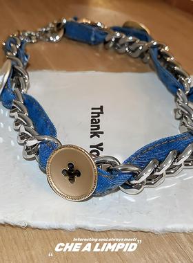 CHEALIM扣P缠ID/.金属钮牛仔布XZKchoker绕炼条设计感辣妹颈高级