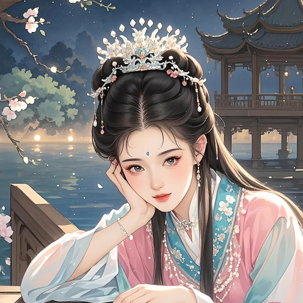 礼中国古代传说仙女画嫦娥奔QNT-198 月挂秋中品画美人图国画客厅