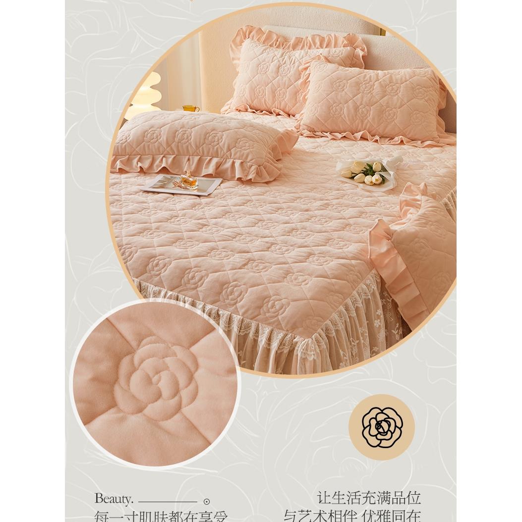 新件优雅婴儿天鹅绒缝床裙加厚XCR床单的床围裙床套三套牛奶绗珊