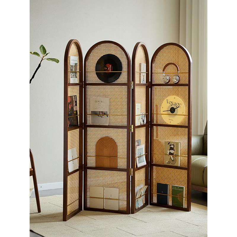 法式书覆古折叠式藤条屏风客厅实木收纳架世纪杂志入口架藤編折屏
