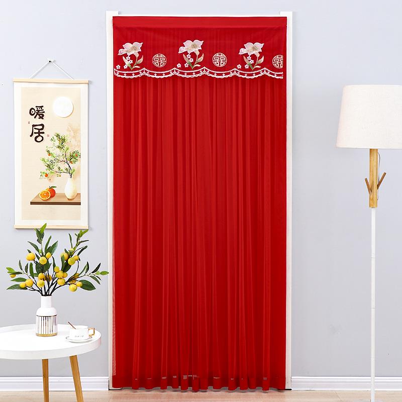 婚庆用品双层门帘婚房家用红色喜庆卧室免打孔新款蕾丝防蚊门帘