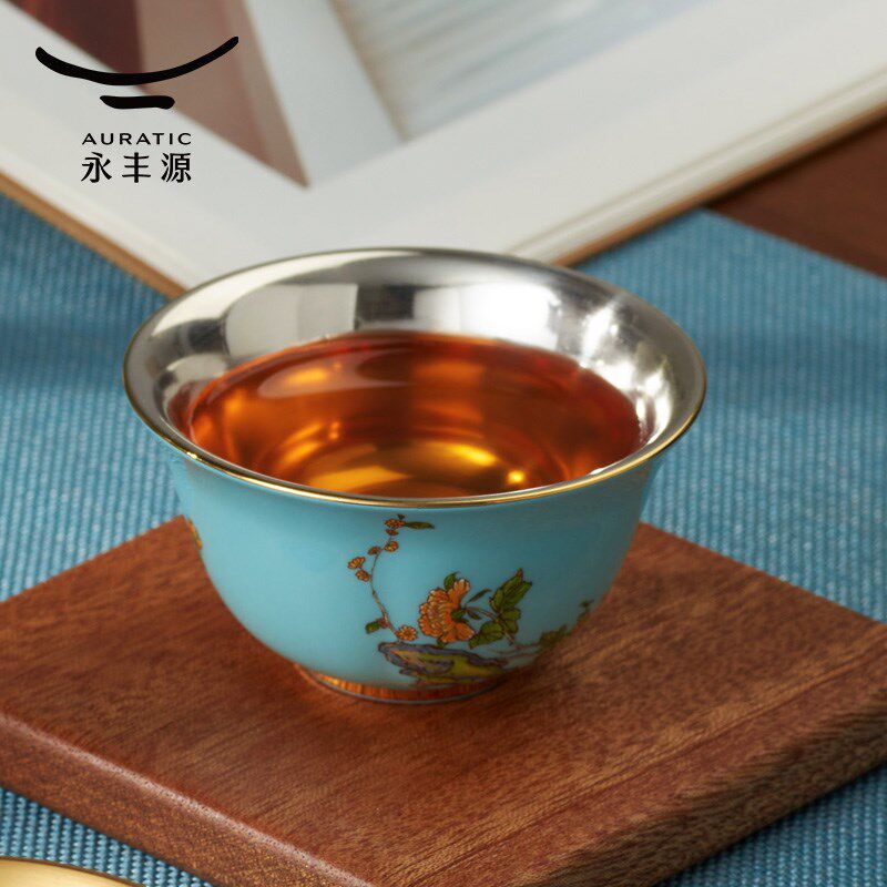 【送礼甄选】永丰源 西湖蓝金银福杯 陶瓷茶具盖碗整套茶杯贵人礼
