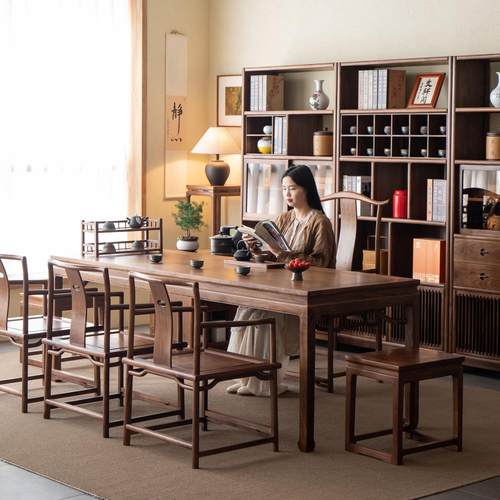 杪轩新中式黑胡桃木茶桌椅组合禅意实木功夫泡茶台办公室家用茶桌