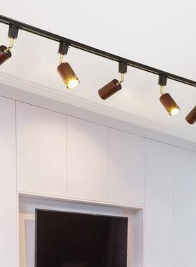 北欧胡桃木轨道射灯日式家用客厅背景cob可调色led明装导轨小射灯