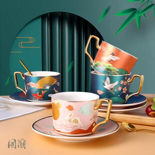 国潮陶瓷咖啡杯欧式 家用下午茶花茶杯子勺 小奢华手绘杯碟套装 中式