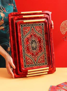 红色中式敬茶杯套装长方形木质龙凤托盘宫廷风典雅复古杯盘干果盘