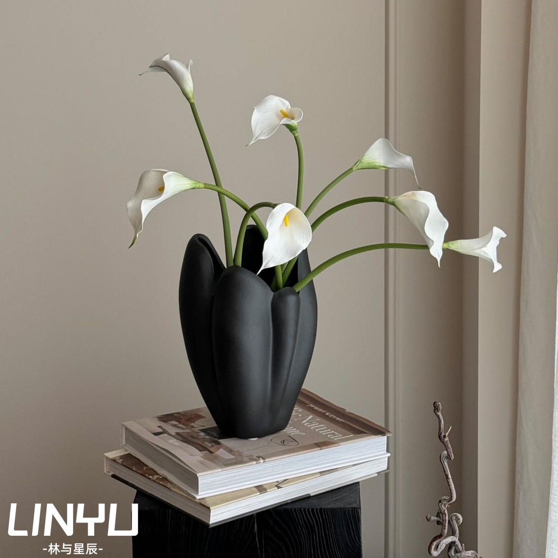 林与/花瓶摆件客厅插花轻奢高级创意黑色陶瓷Q侘寂风鲜花装饰花器