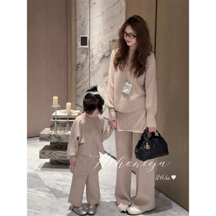 童装女装2026春季新款亲子圆领屁帘针织套装女童休闲慵懒两件套装