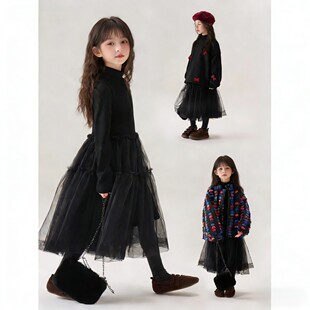 童装女童连衣裙2026新款儿童黑色高级感网纱裙女孩富家千金感裙子