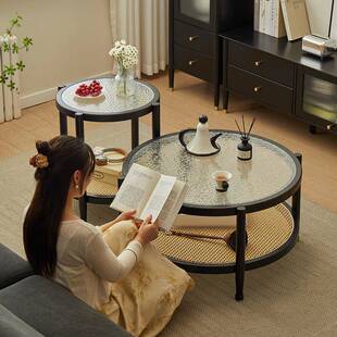 北欧实木圆形日式玻璃茶几客厅家用小户型简约边几藤编简约茶台