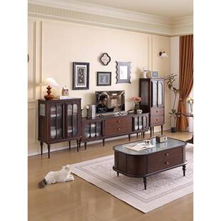 中古风实木茶几电视柜组合客厅家用法式覆古高柜矮柜带边柜高低柜