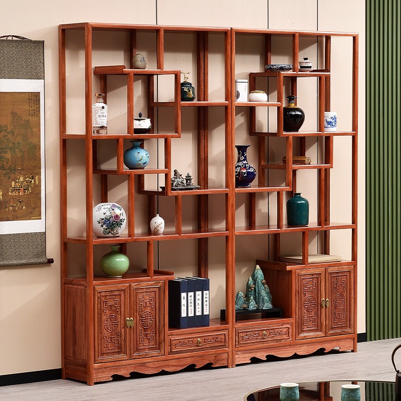博古架实木客厅隔断置物架展示柜金花梨木大团圆仿古X多宝架新中