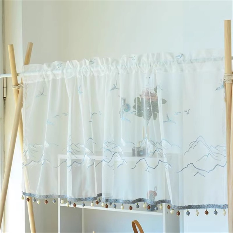 田园白纱飘窗刺绣帘免打孔隔断帘网纱阳台透光纱帘门帘Z卧室小窗