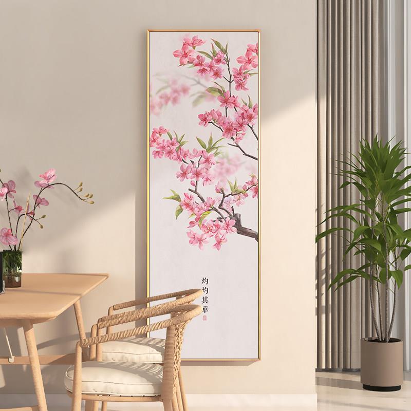 入户玄关画正对门招旺桃花装饰画新中式民宿挂画美容店墙面壁画竖