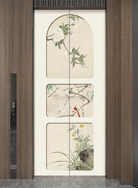 新中式花鸟电梯门一梯一入户门口装饰布置贴纸高级感遮丑贴画定制