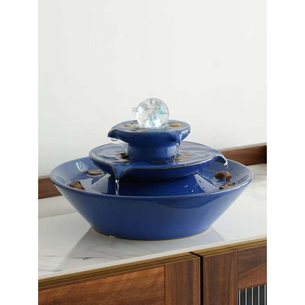 新中式陶瓷循环水饰品客厅封闭财富加湿器水晶球饰品