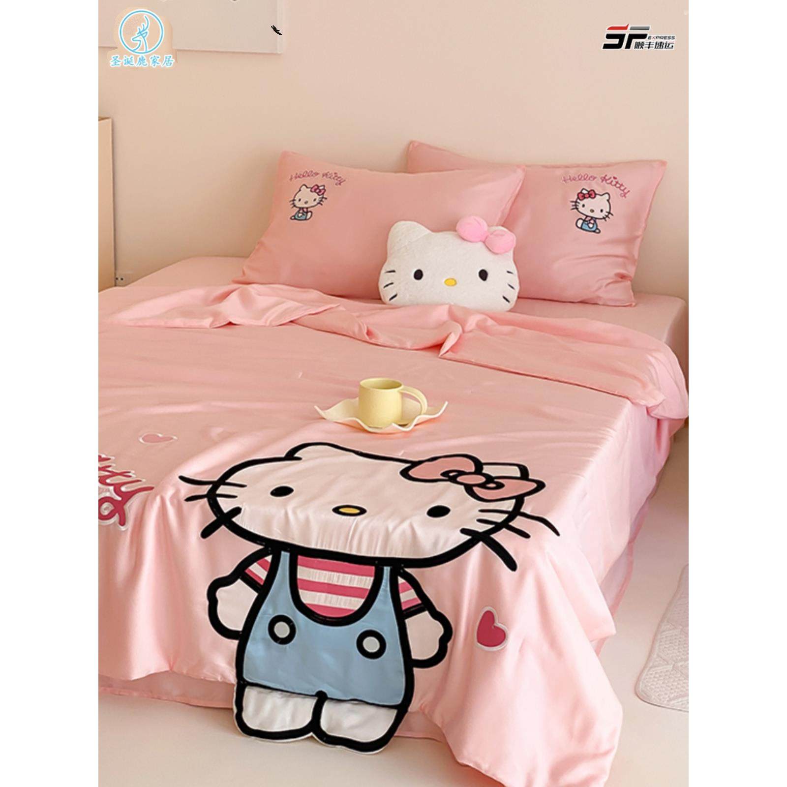 小猫女孩心夏天凉爽的感觉100计数天丝夏天凉爽被子四件套卡通儿