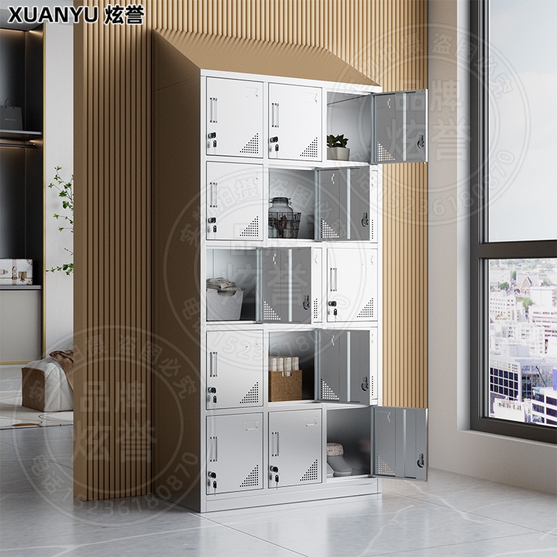 304不锈钢斜顶十五门更衣柜员工柜多门挂衣柜201铁皮柜收纳储物柜