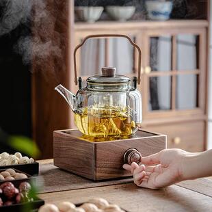 胡桃木电陶炉煮茶壶加厚玻璃提梁壶烧水壶蒸煮茶壶煮茶器围炉 新款
