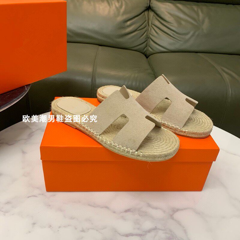thumbnail for Cross-Border Vietnam Singapore Cambodia Phnom Penh New H Brand Straw Woven Genuine Leather Men's Outdoor Summer Sandals