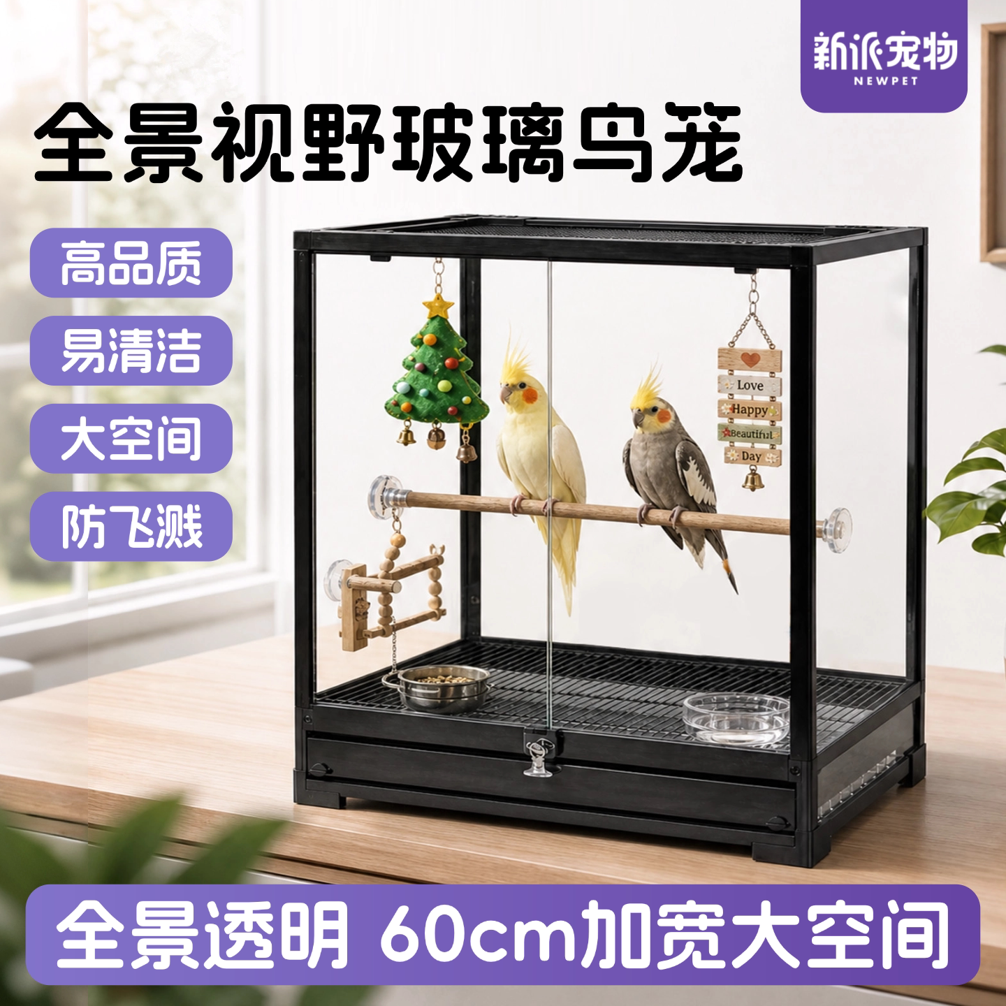 新派宠物全景高透玻璃鸟笼鹦鹉笼